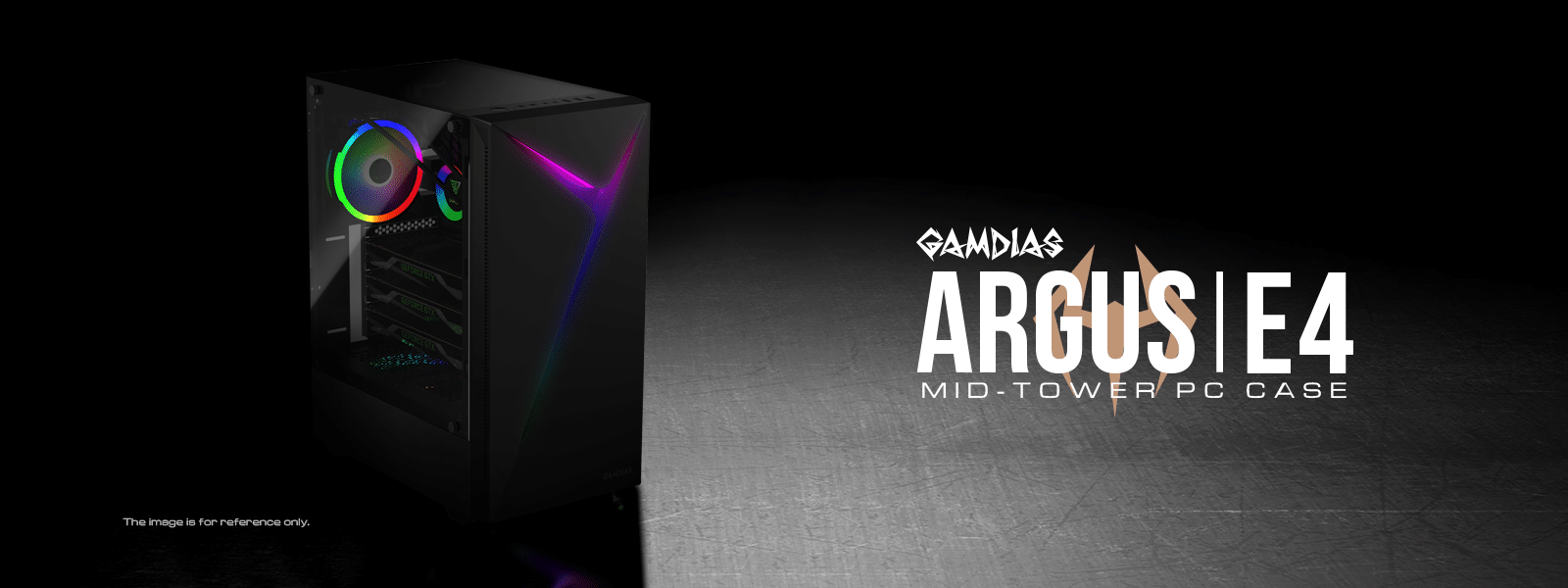 ARGUS E4 has a straight concept of the design: A Mid -tower case, the front eye-catching rainbow RGB lighting and panoramic tempered glass side panel. All together, they add up to show off a unique style of your own.”