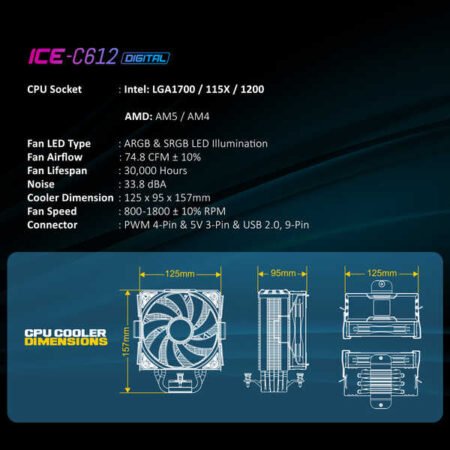 Ant Esports ICE-C612 Digital CPU Cooler With Temperature Display Panel With Heatsink Black