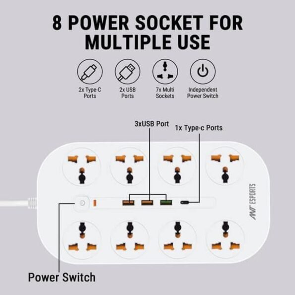 Ant Esports PS831 Power Strip with USB Ports (White)